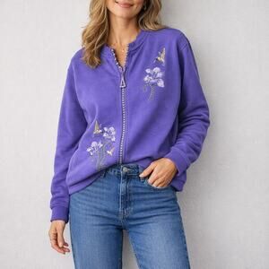 Tia Designs Hummingbird Full-Zip Jacket Women's Size XL Purple Embroidered